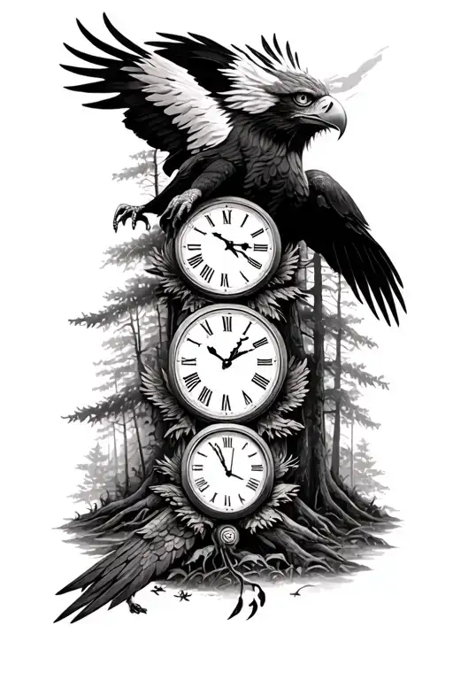 4 Clocks In Forest Scene Tattoo Featuring Eagle