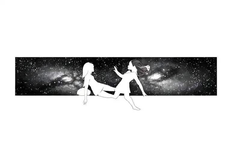 Sillhouette Of Two Girls Playing Under The Galaxy