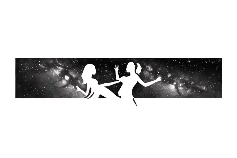 Sillhouette Of Two Girls Playing Under The Galaxy