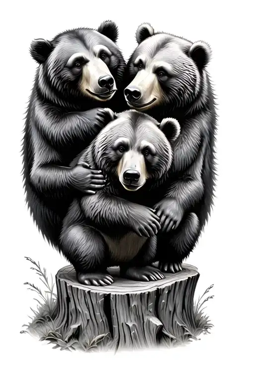 3 Bears Playing On A Stump Looking