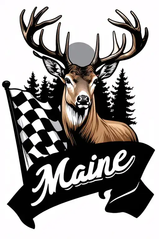 Deer Antlers With Checkered Flag And Maine Logo With Trees In The Background
