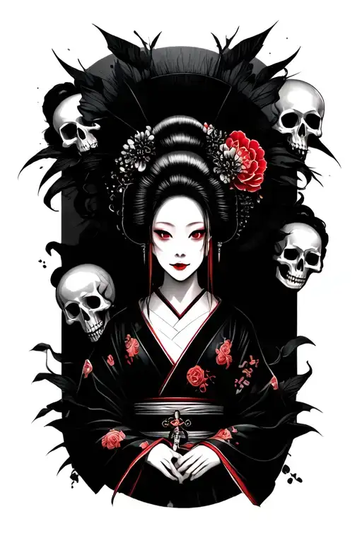 Creepy Black Japanese Geisha Surrounded By Skulls
