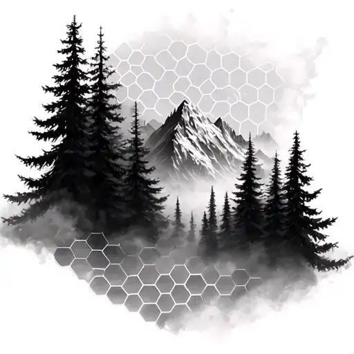 Blurry Mountain And Trees Inside Honeycomb Pattern Design With Smoke Black And White
