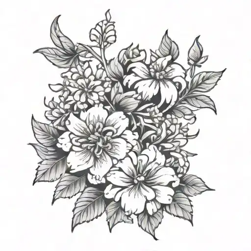 Marigolds And Honeysuckle Flowers With Ocean Scene