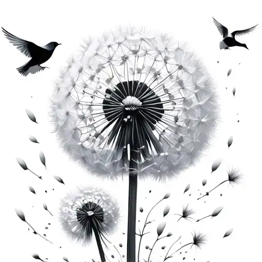 White Dandelion With Seeds Blowing Away And Turning Into Birds