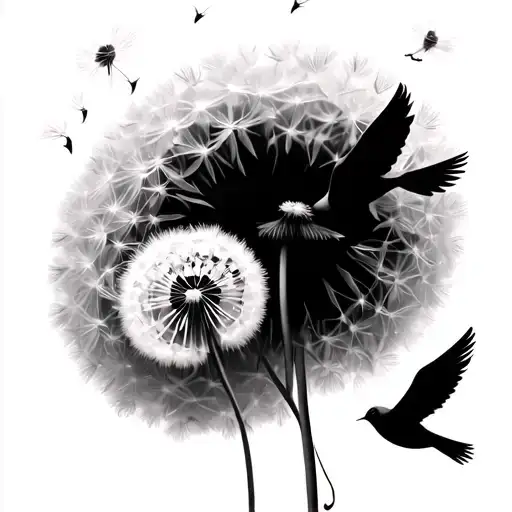 White Dandelion With Leaves Blowing Away And Turning Into Birds