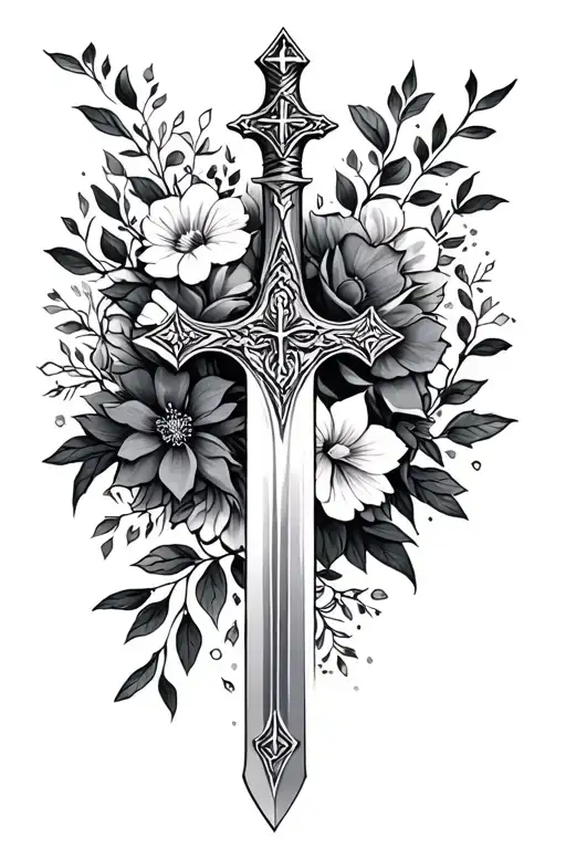 Christian Sword Feminine With Florals And Other Symbols