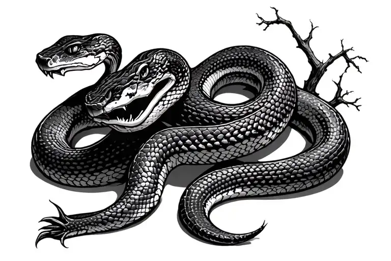 Snake On The Ground Turned Around A Tree In Attacking Pose