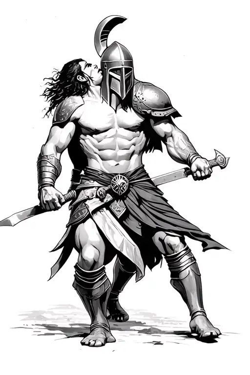 Spartan Warrior Walking Towards Another Spartan Slicing The Throat Of Another Warrior