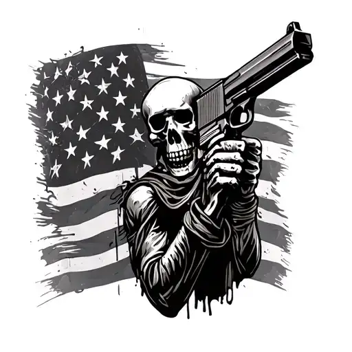 Skelaton Holding A Gun In A Tattered American Flag