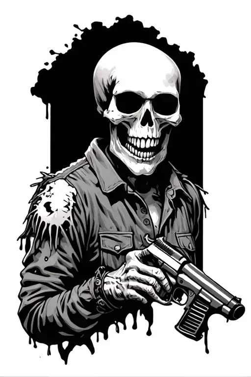 Skelaton Holding A Gun In A Tattered Clothing
