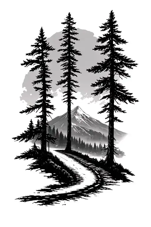 Pine Trees With Mountain And Road