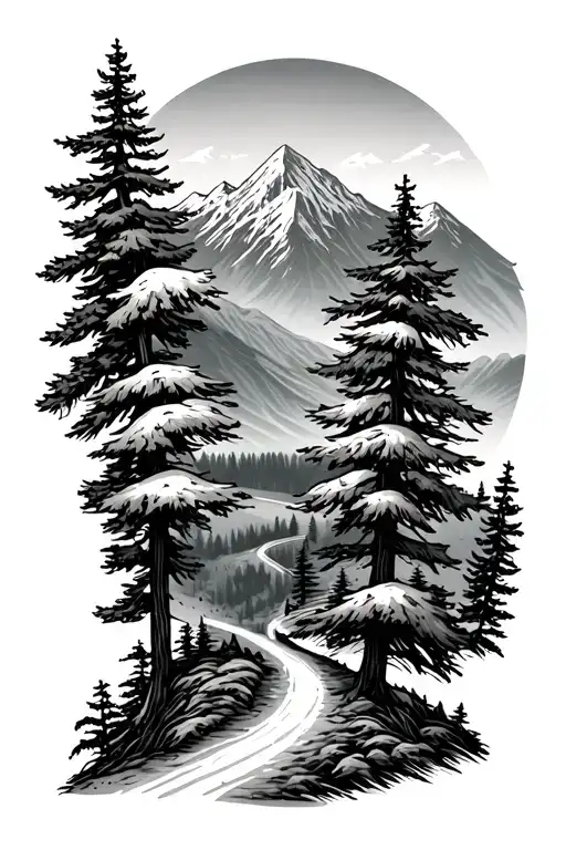 Pine Trees With Mountain And Road Wrap