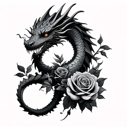 Dragon And Roses Intertwined
