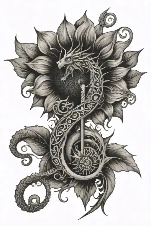 A Surreal Combination Of A Sunflower And A Musical Note Forming A Dragon Shape