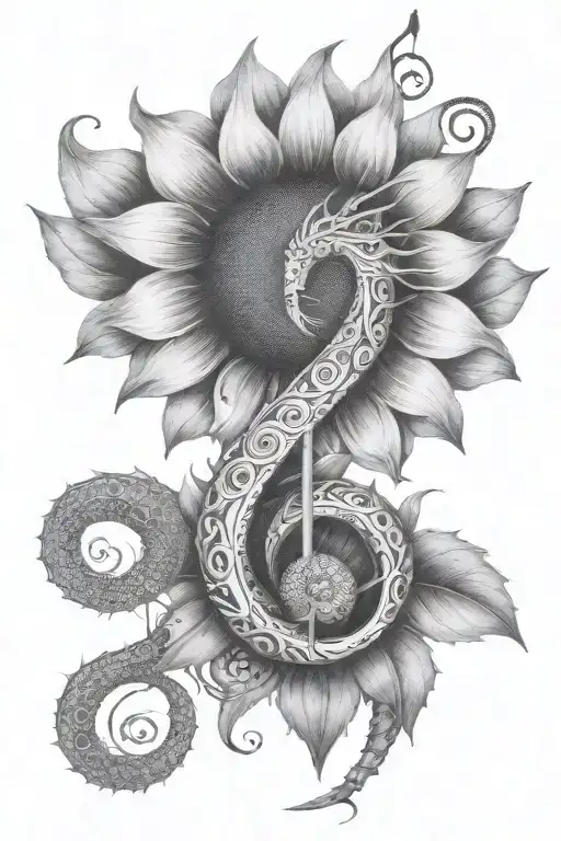 A Surreal Combination Of A Sunflower And A Musical Note Forming A Dragon Shape