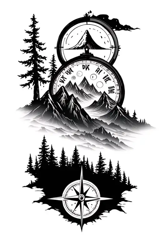 Compass Mountains And Trees Dark At The Bottom