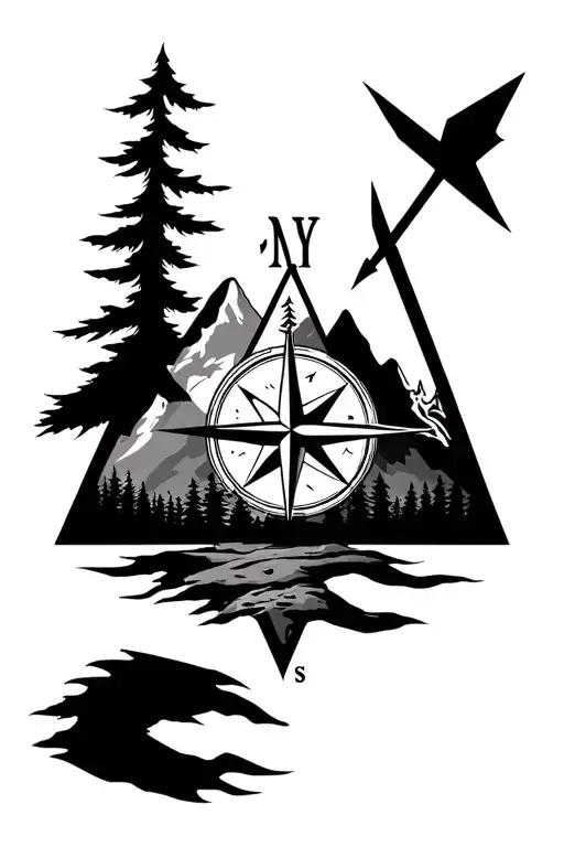 Compass Mountains And Trees Dark At The Bottom In A Triangle With An Arrow Through The Compass