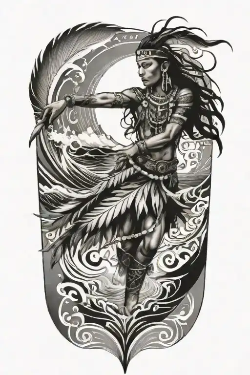 A Native American Dancer With Flowing Feathers And Ocean Waves As A Border