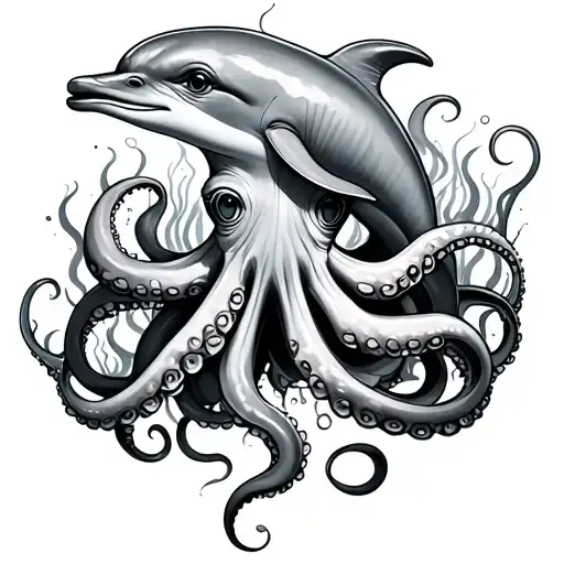 Dolphin And Octopus Swimming Alongside