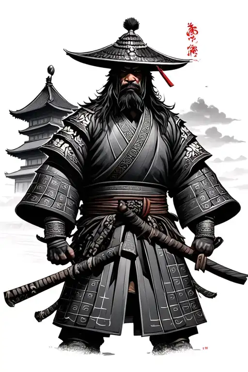 Traditional Japanese Samurai With A Building In The Background