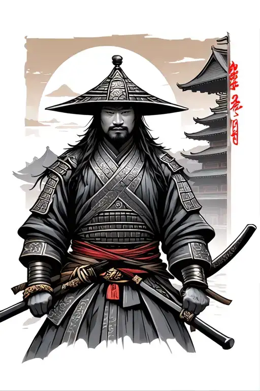 Traditional Japanese Samurai With A Building In The Background