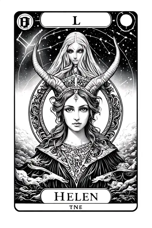 A Tarot Card With The Name Helen In The Center And The Constellation Capricorn In The Background
