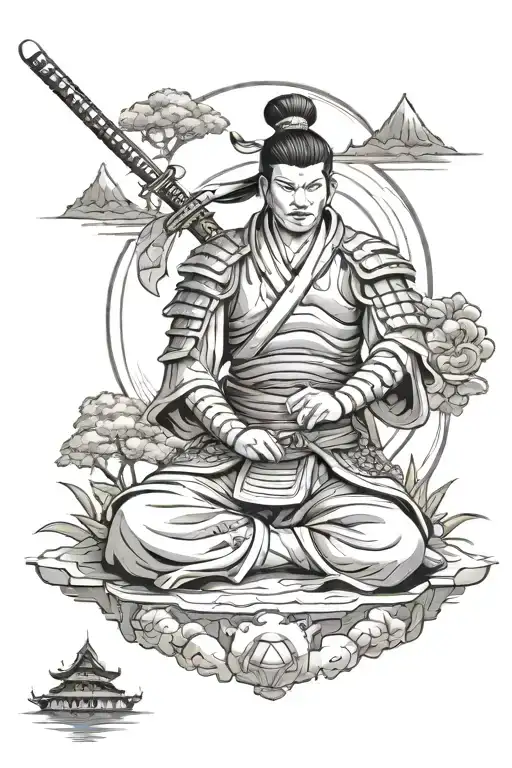 Samurai Warrior Meditating Figure Surrounded Travel Landmarks