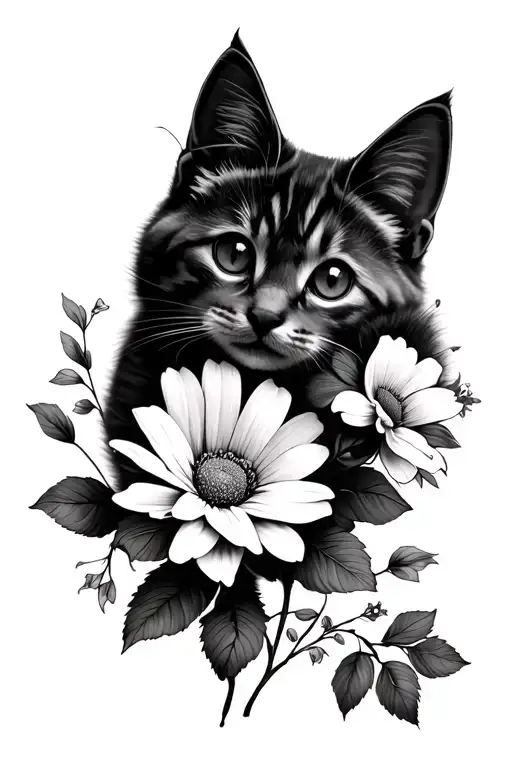 Head Mum Cat With 2 Heads Kitten And Flower Blooming