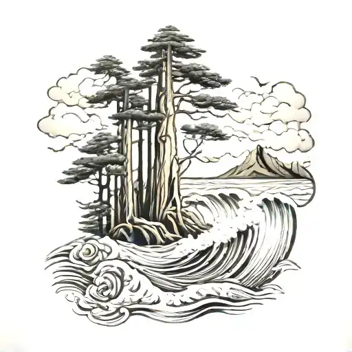 Redwood Trees And Roses And Ocean Wave Crashing