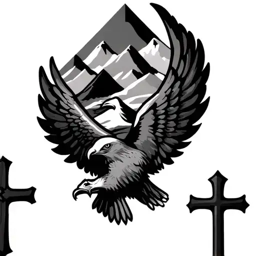 Eagle Wings With 3 Crosses And Mountains