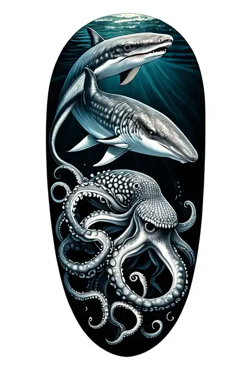 Ocean Themed Tattoo Featuring Octopuses And Whale Sharks