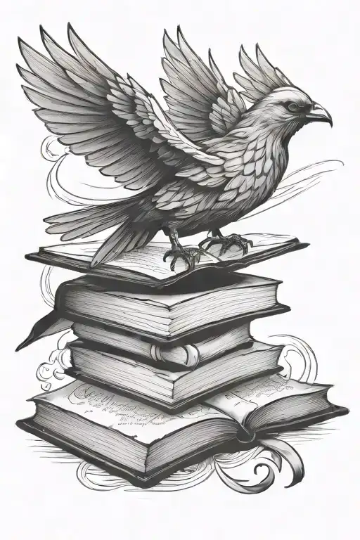 Phoneix Bird Perched Atop Open Book Open Wings Flying