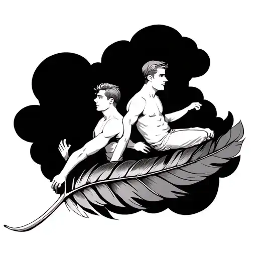 Two Guys Floating On A Feather With A Cloud Above Them