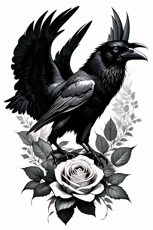 Raven With Wings Spread And Rose Intertwined