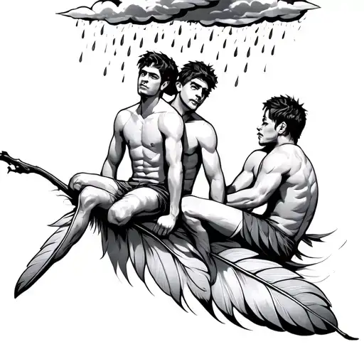 Two Guys Sitting On A Feather With A Rain Cloud Above Them