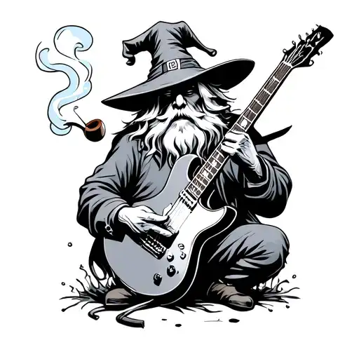 Simple Wizard Playing Electric Guitar And Smoking A Pipe