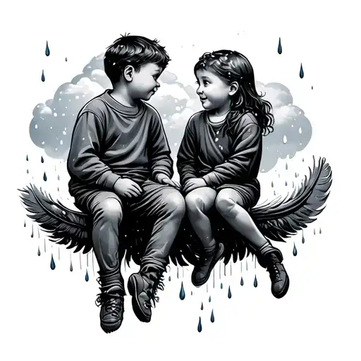 Kid And Adult Sitting On Feather With A Cloud Above Them With Snow And Rain