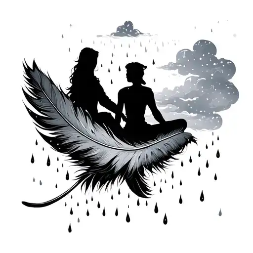 Two Adults Sitting On Feather With A Cloud Above Them With Snow And Rain