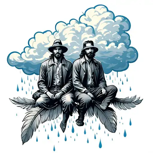 Two Adult Men Sitting On Feather With A Cloud Above Them With Snow And Rain