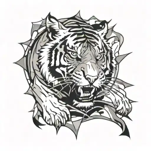 Tiger Roaring Triumphantly On A Bed Of Broken Glass