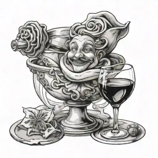 A Black And Grey Portrait Of A Tortellini With A Wine Glass