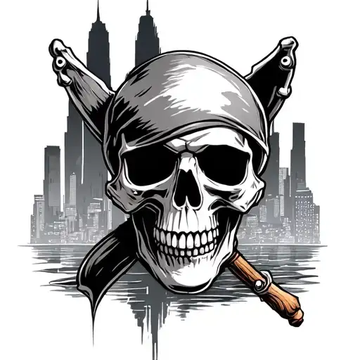 Pirate Skull In Front Of City Skyline