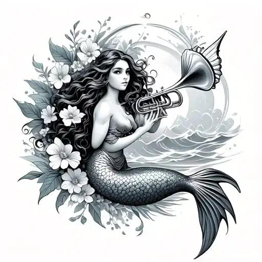 A Black-grey Design Of A Mermaid Playing A Shell Trumpet Surrounded By Flowers And Waves