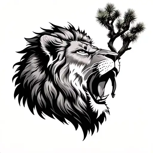 Lion Head With Bible Verse In Mouth Open Joshua Tree With Mountain Background