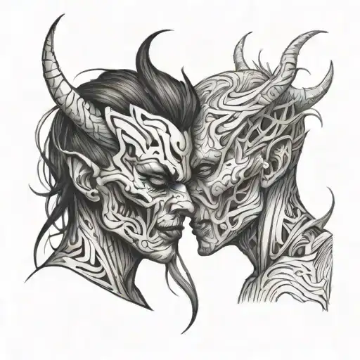 Split Face Demon And Woman With A Lot Of Sketch Random Lines