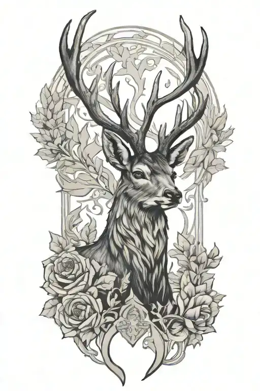 A Black-grey Tattoo Of A Majestic Deer With A Hidden Silhouette Of A Soldier In The Background
