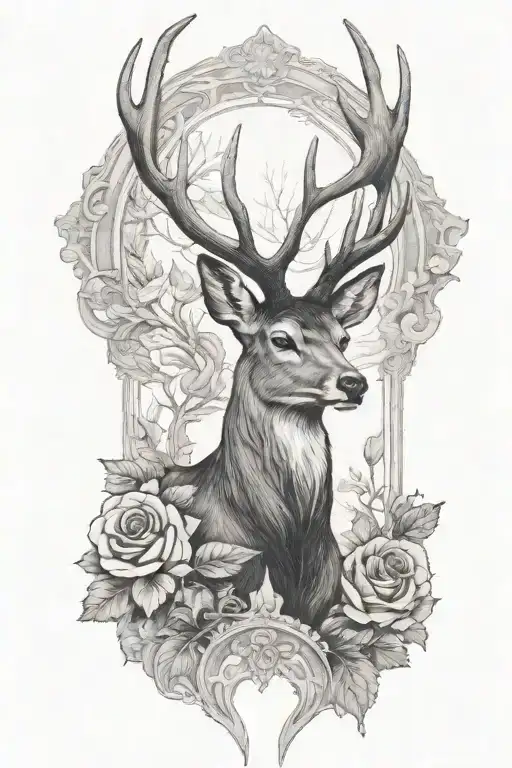 A Black-grey Tattoo Of A Majestic Deer With A Hidden Silhouette Of A Soldier In The Background