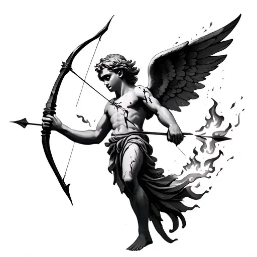 A Burntout Cupid With Scars Holding A Broken Bow With Flaming Arrows