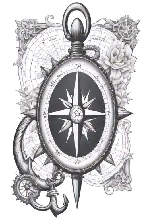 Nautical Compass With An Anchor Intertwined Representing